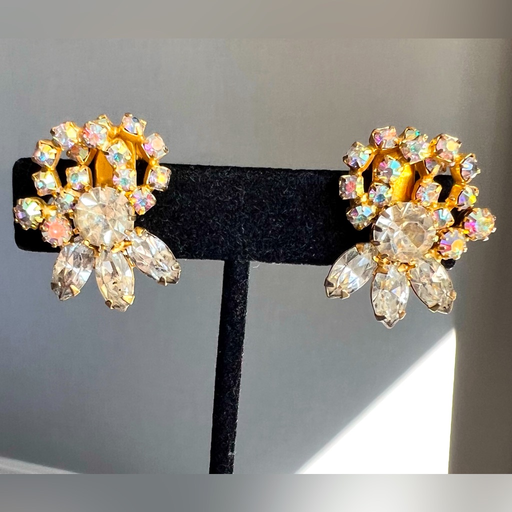 Bogoff Vintage Ab Rhinestone Clip On Earrings, Gold Tone Setting, Signed